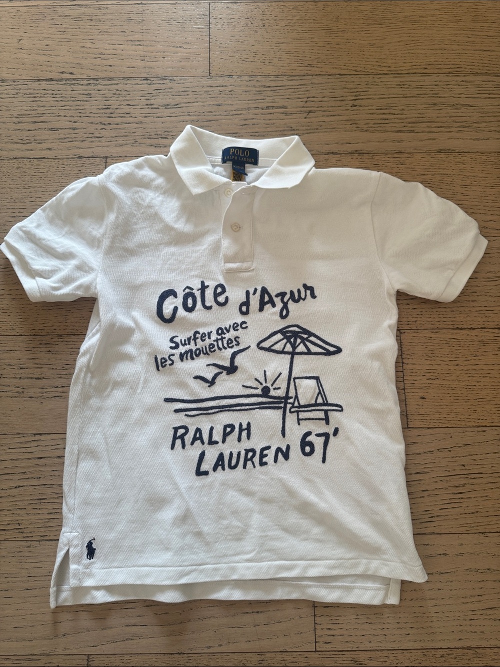 POLO RALPH LAUREN Boys White Cotton Polo with Navy Cote d'Azur Graphic, sz 10-12